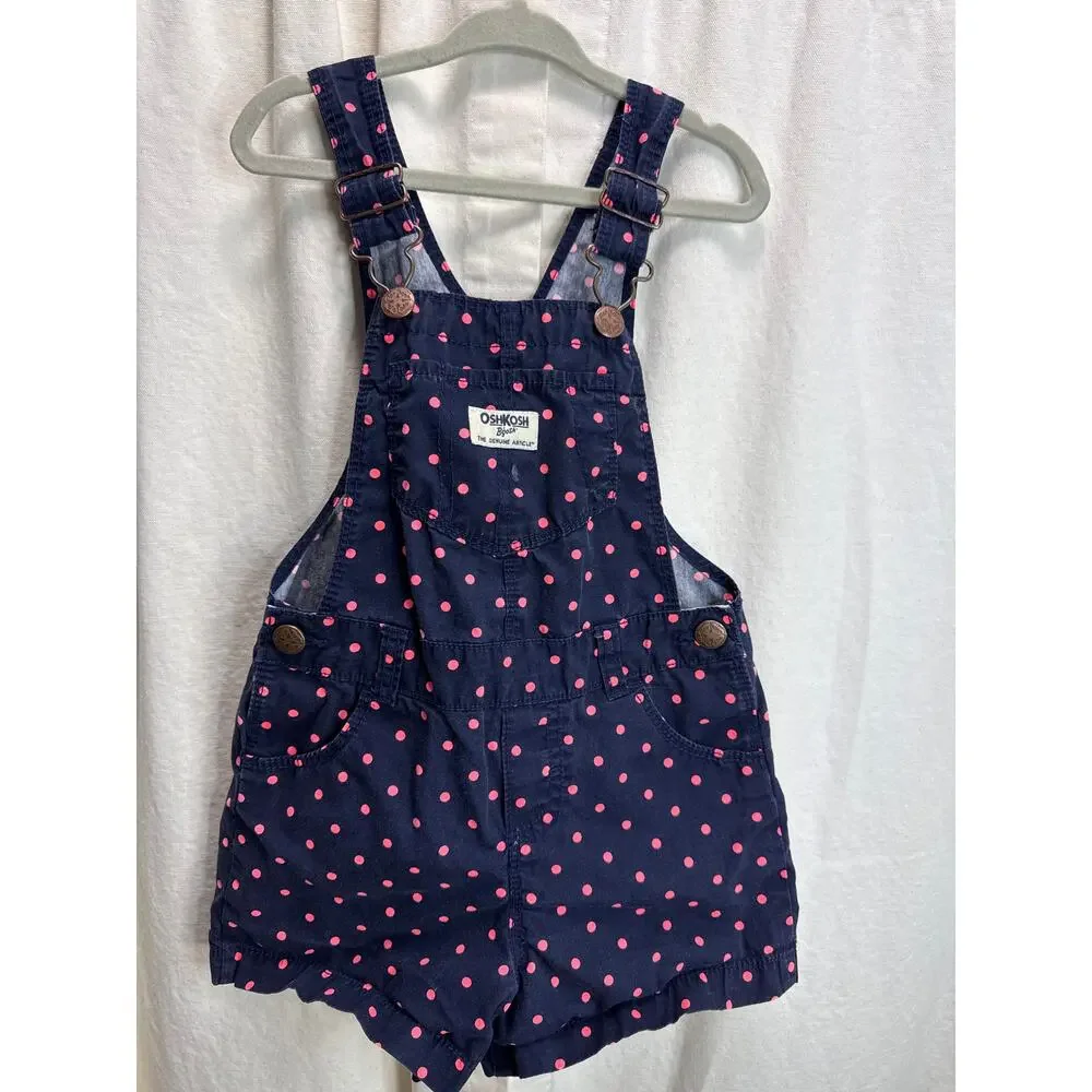 OshKosh B'Gosh Blue & Pink Polka Dot Bib Shorts Shortalls Vestbak Girls Size 4T